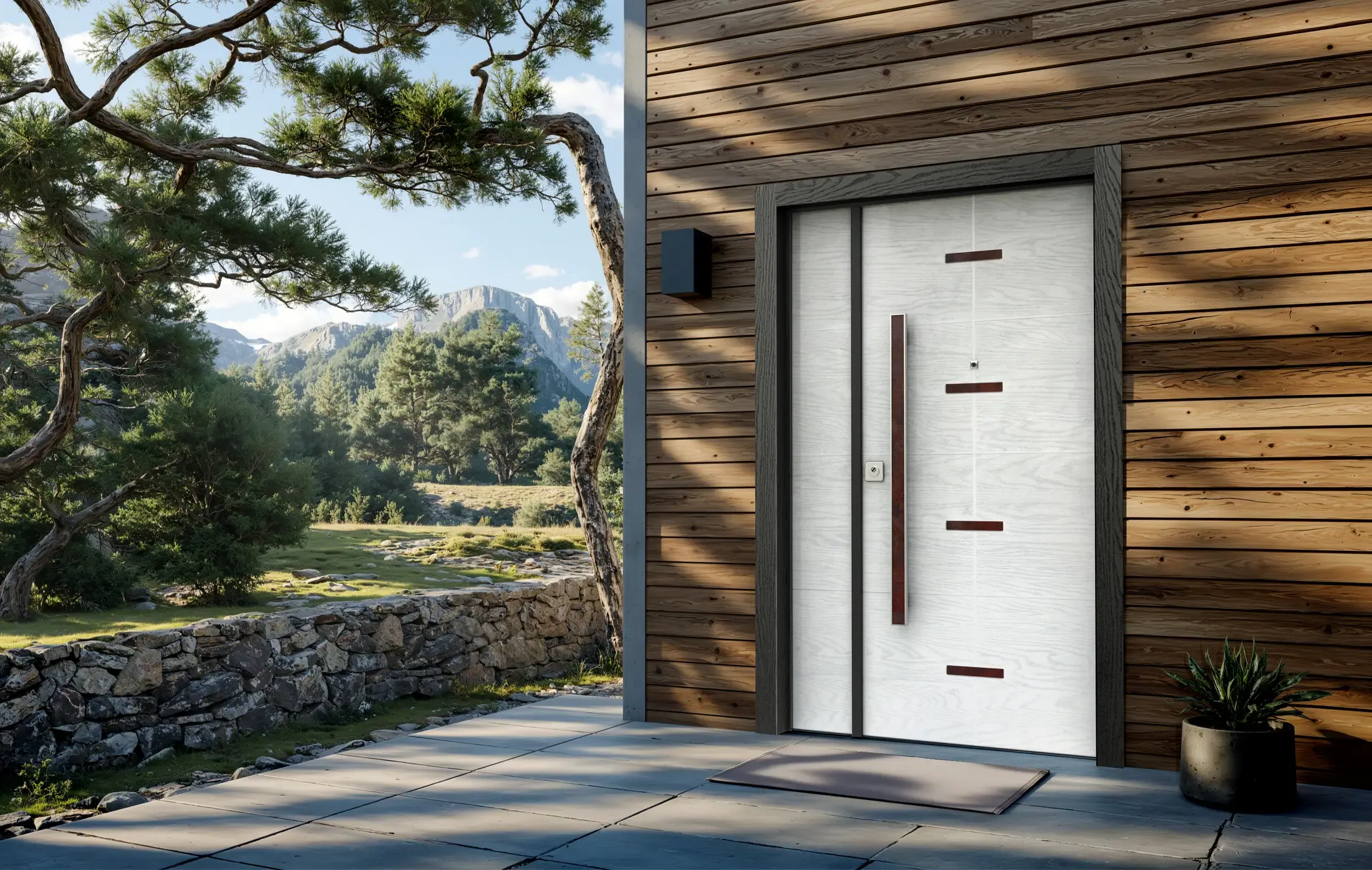 BUNKER Doppia Anta — entrada con vista a montaña, bonsái y revestimiento de madera