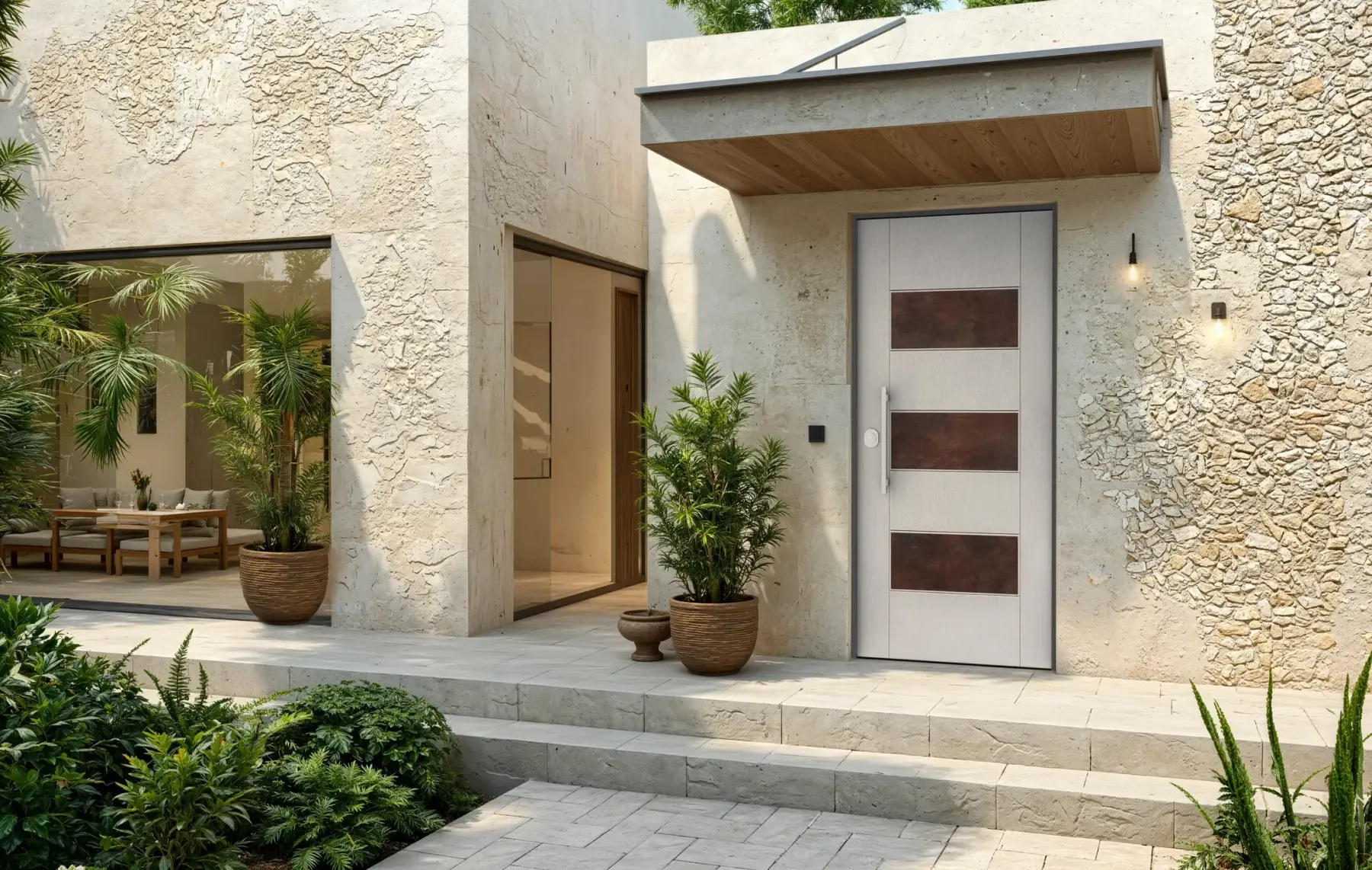 BUNKER Helios Corten — fachada de piedra clara con plantas mediterráneas y detalles en corten oxidado