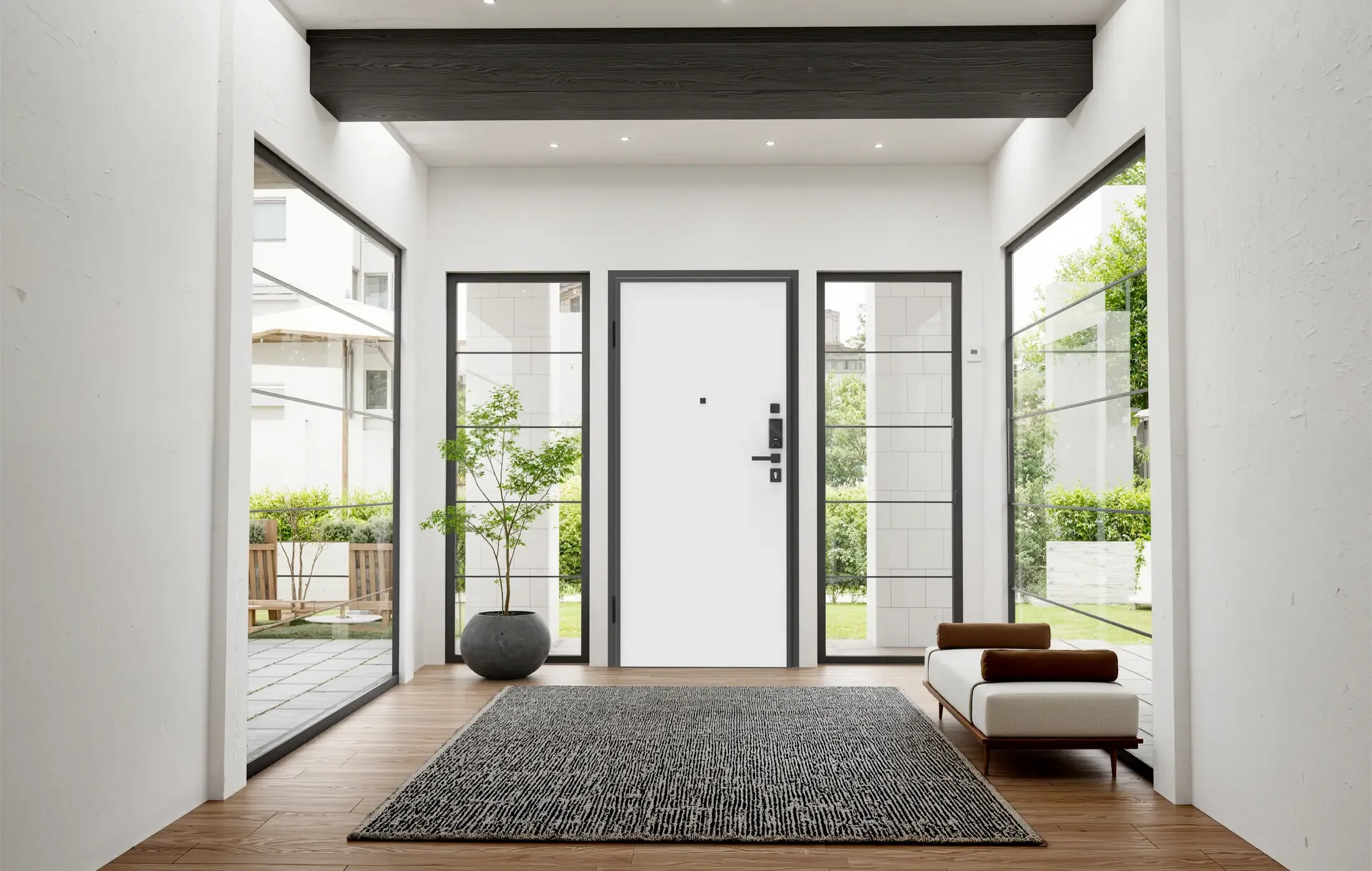 BUNKER Digitok — hall residencial premium con sofá tweed beige y ventanales hasta el techo