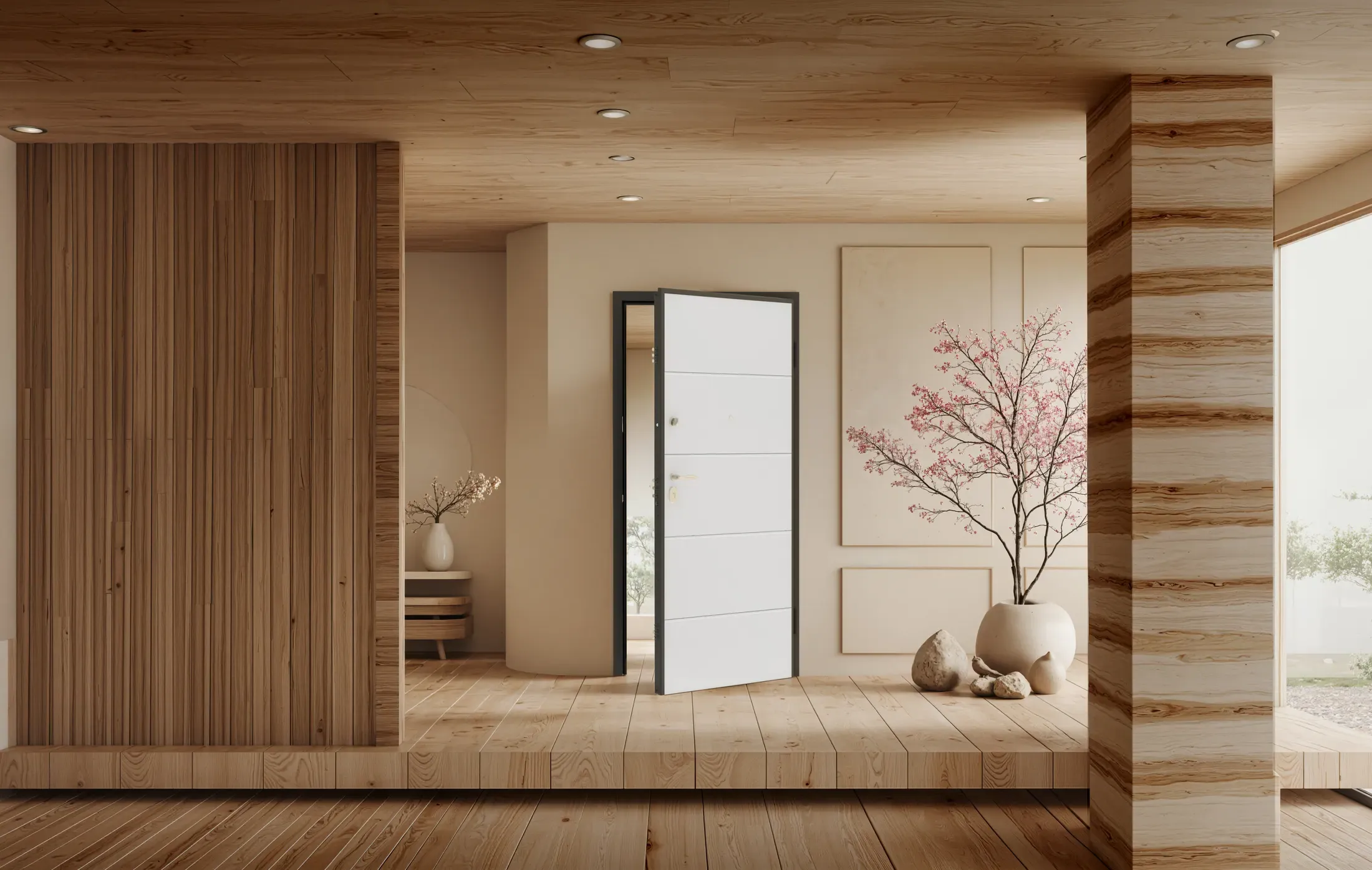 BUNKER E-Lite Penta — hall interior wabi-sabi con sakura y paneles de madera natural