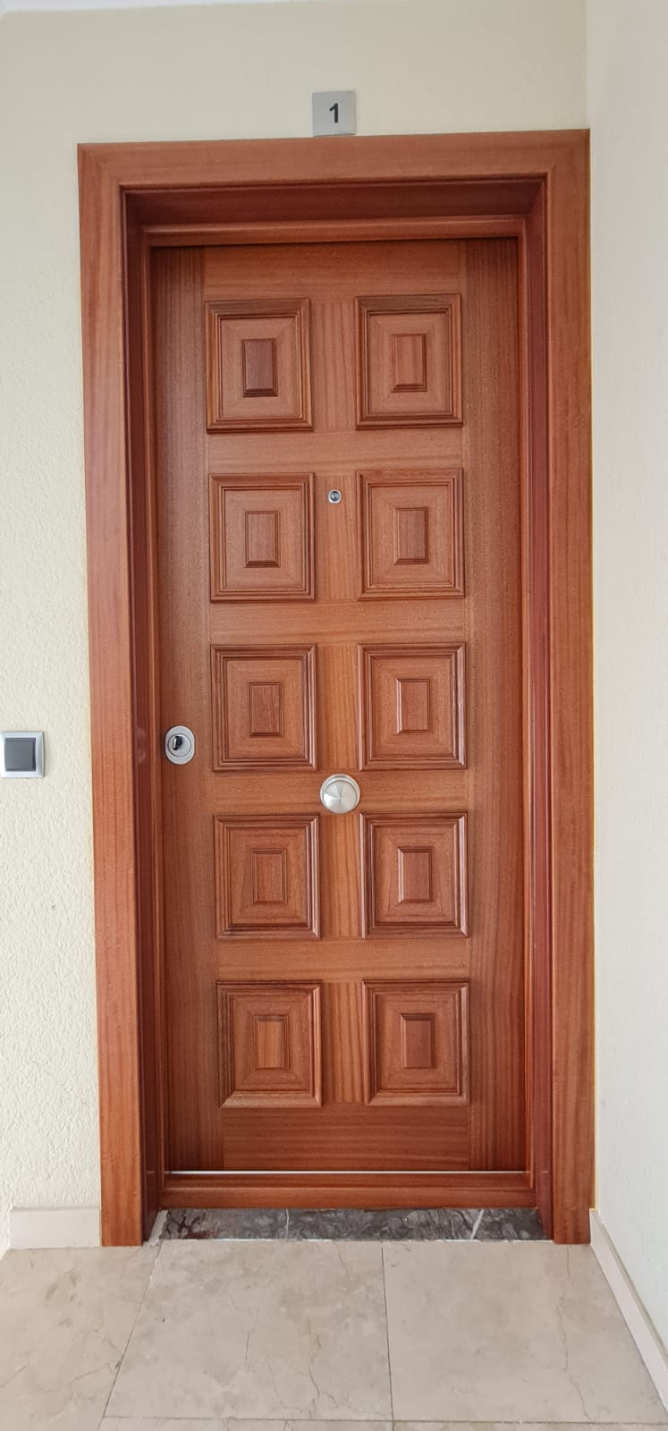 Puerta acorazada K-XXI sapelly con 10 cuadros exterior