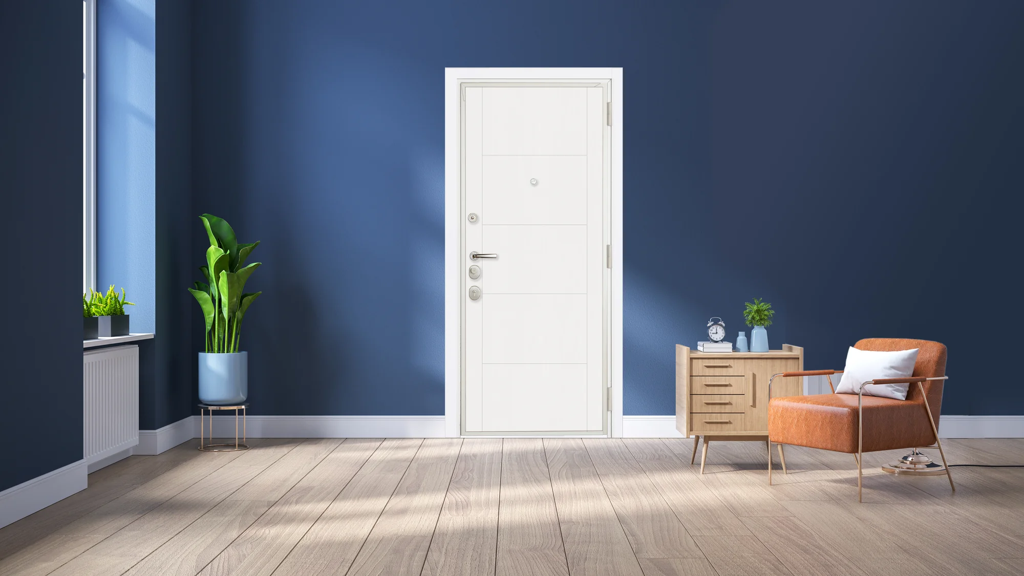 KIUSO K-100 puerta acorazada en vivienda interior con pared azul